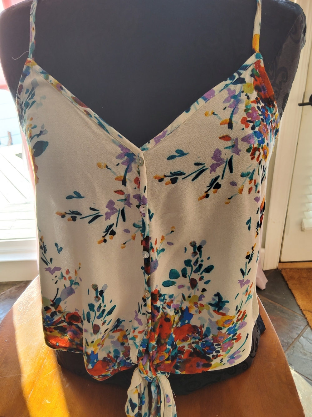 Love Stitch White Floral Tie-Front Cami with Multicolor Print